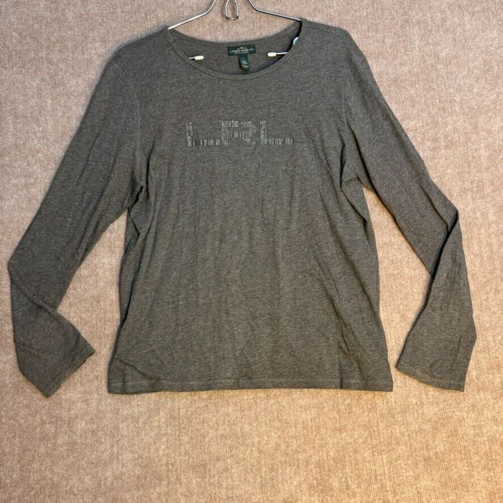 LRL Jeans Ralph Lauren‎ Womens T-Shirt Large Gray Embellished Casual Preppy Logo